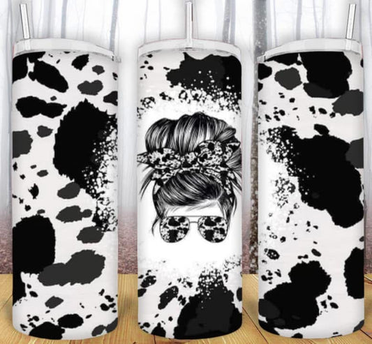 20oz Messy Bun Cow Print Tumbler