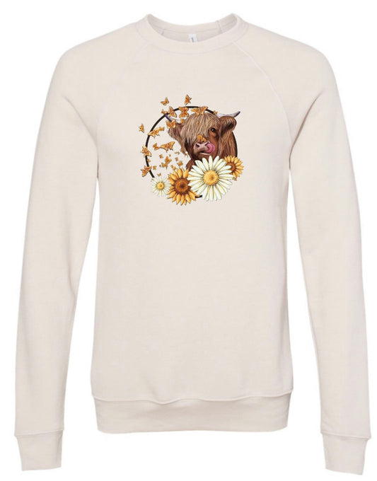 Highland Cow Floral Sponge Fleece Crewneck