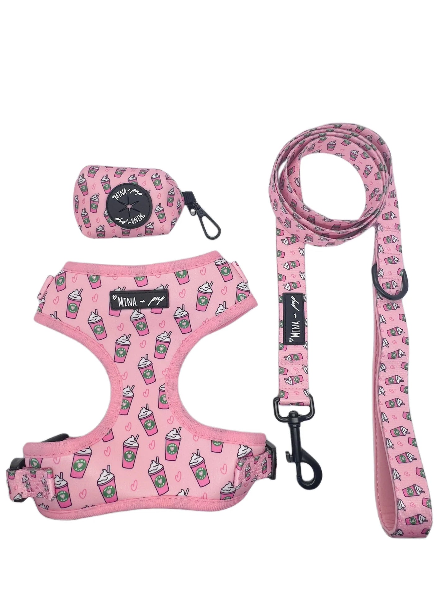 BUNDLE: Pupshake Pink Adjustable Harness, Leash and Poop Bag Bundle