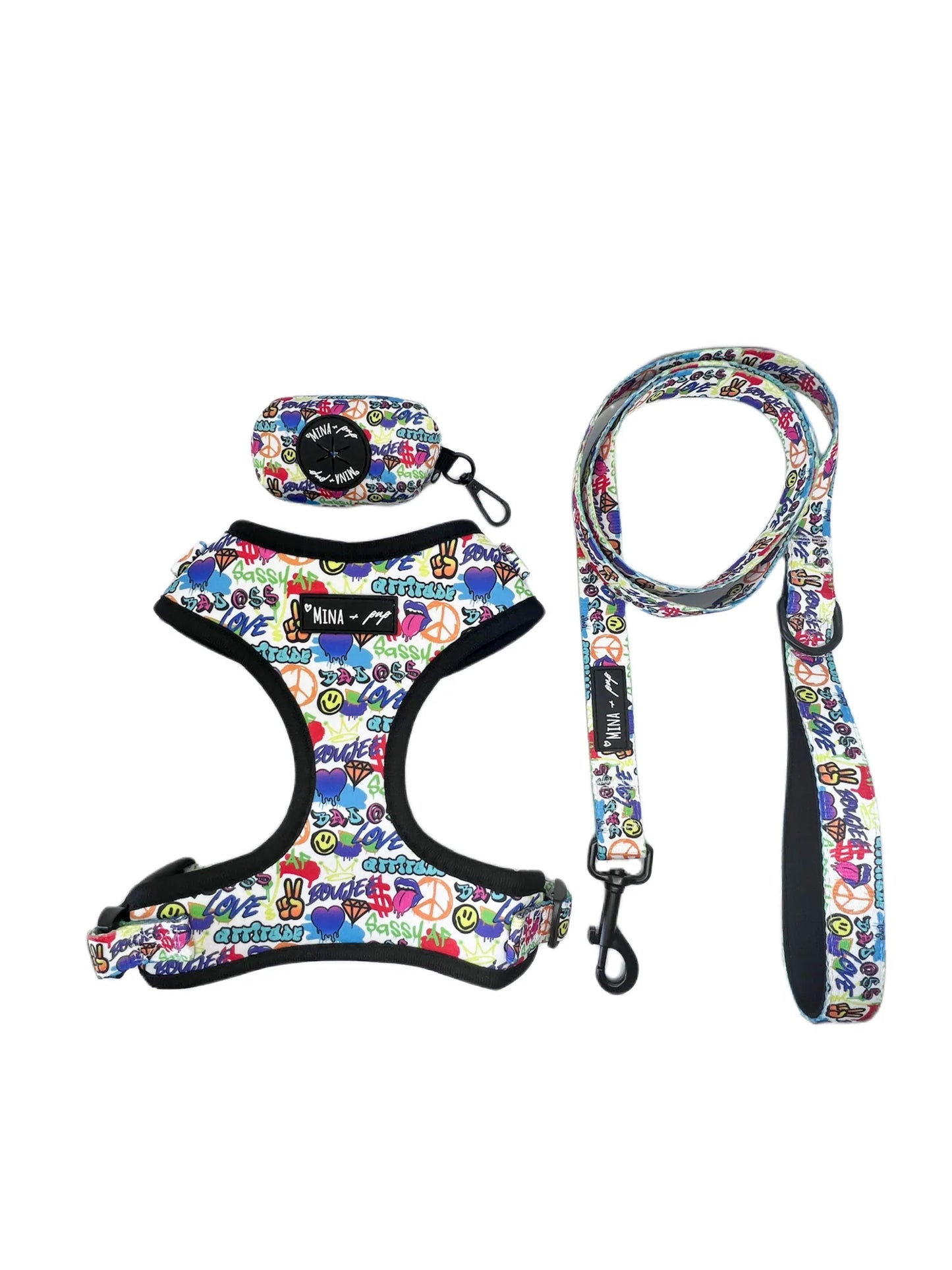 Graffiti Adjustable Harness, Leash and Poop Bag Bundle