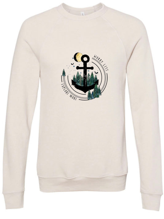 Worry Less Explore More Sponge Fleece Crewneck