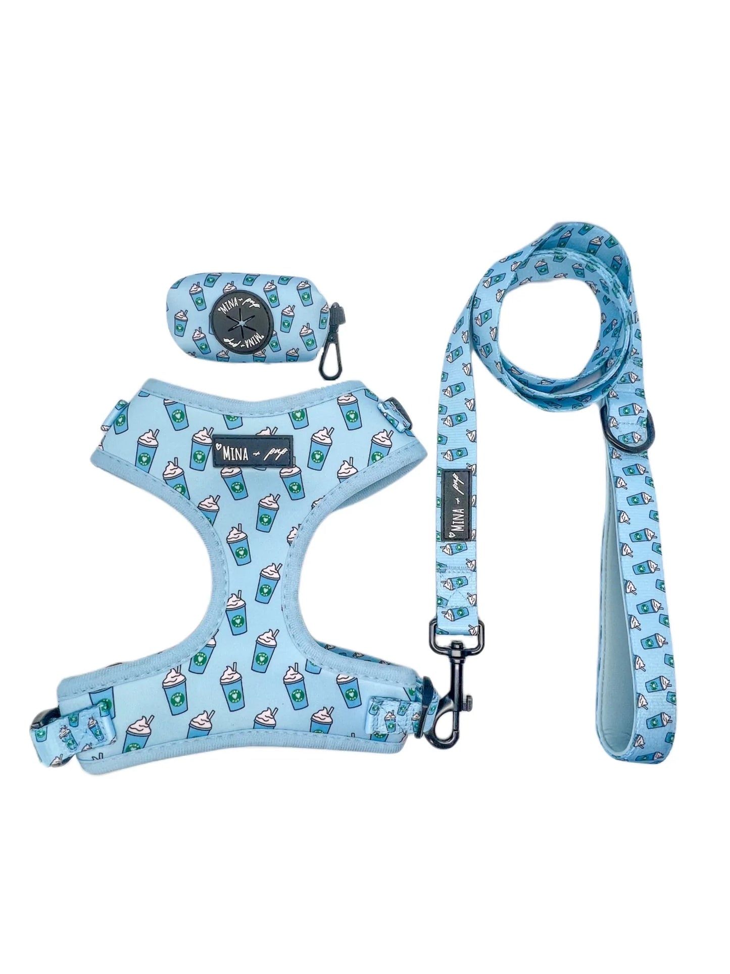 BUNDLE Pupshake Blue Adjustable Harness, Leash and Poop Bag Bundle