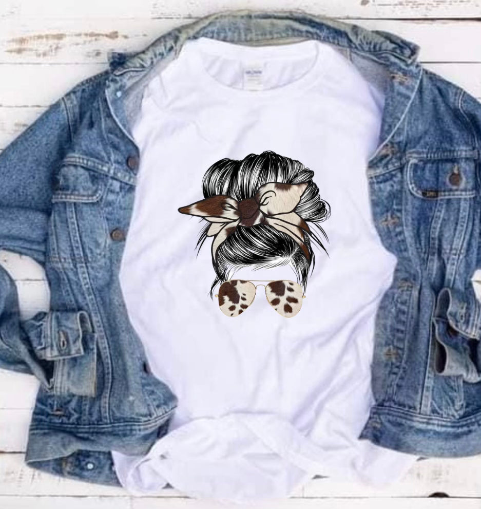 Messy Bun Cow Print Tee