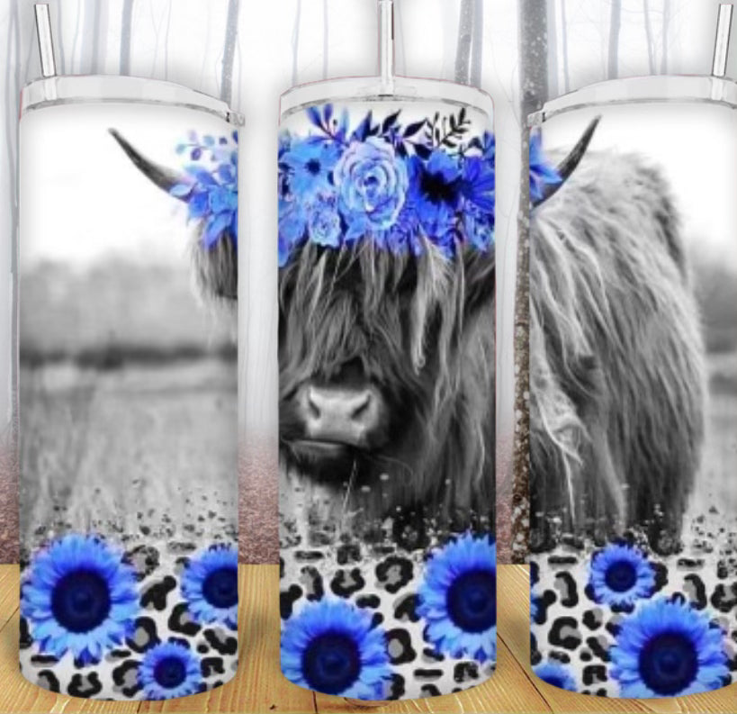 20oz Blue Floral Highland Cow Tumbler