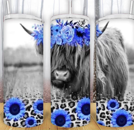 20oz Blue Floral Highland Cow Tumbler